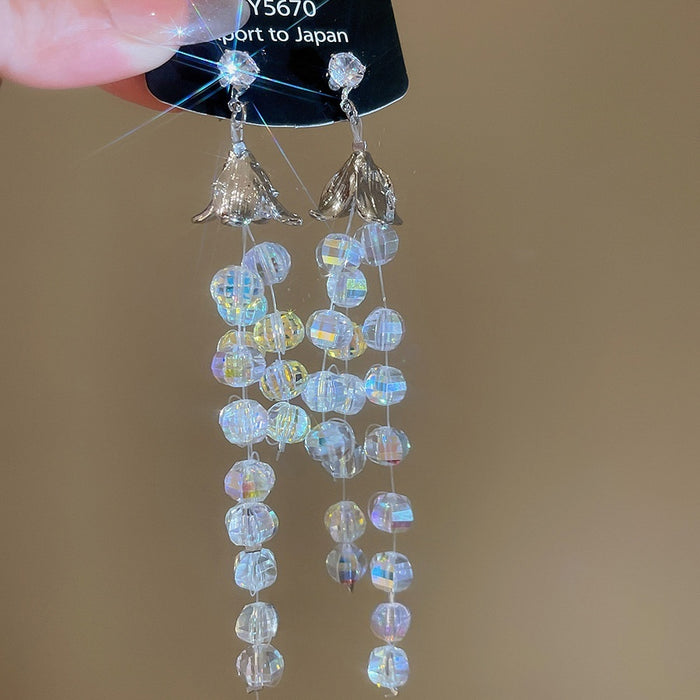 Light Luxury Glass Zircon Round Tassel Drop Earrings With Silver Pins for Women