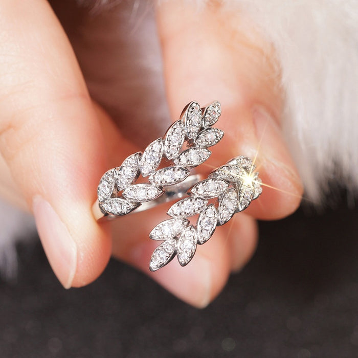 Elegant Wheat Leaf Open Ring, Adjustable Shiny Fashion Jewelry For Women