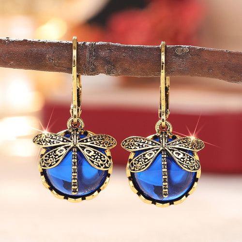 Vintage European Forest Garden Style Drop Earrings For Women, Round Imitation Moonstone Dragonfly Jewelry