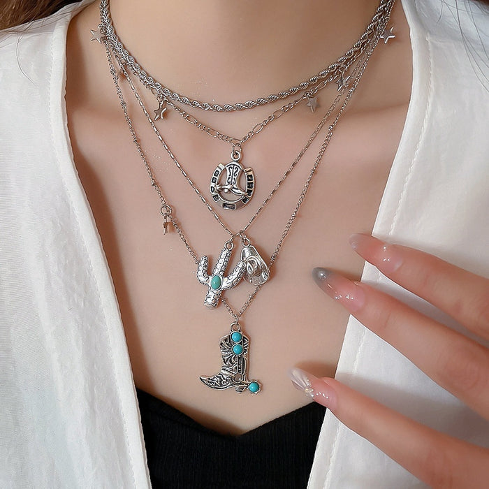 Vintage Western Cowboy Star Alloy Multilayer Choker Necklace With Hat And Boots Charms For Women