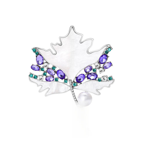 Natural Shell Pearl Maple Leaf Brooch Pin With Zircon Accent