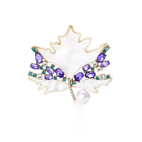 Natural Shell Pearl Maple Leaf Brooch Pin With Zircon Accent