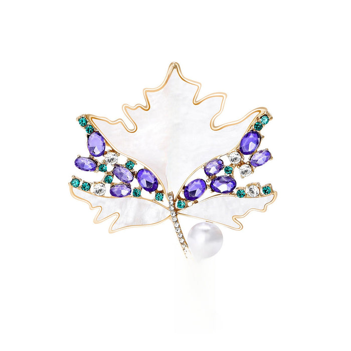 Natural Shell Pearl Maple Leaf Brooch Pin With Zircon Accent