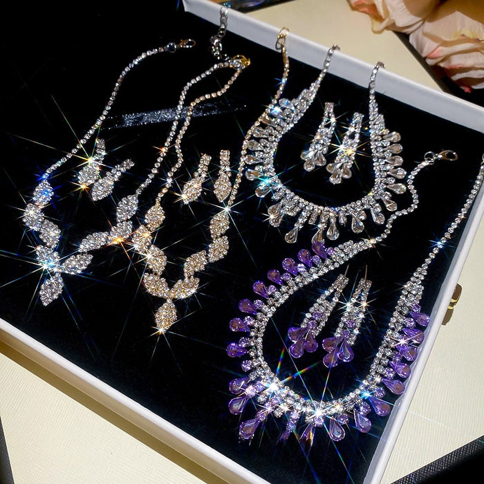 Copper Rhinestone Waterdrop Tassel Necklace And Earrings Jewelry Set, Elegant Luxury Style