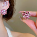 Alloy 3D Flower Rhinestone Stud Earrings With Silver Pins Fresh Sweet Light Luxury Style view 2