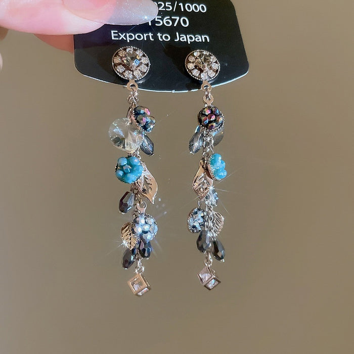 Light Luxury Glass Flower Leaf Tassel Drop Earrings With Rhinestone Inlaid Silver Needle