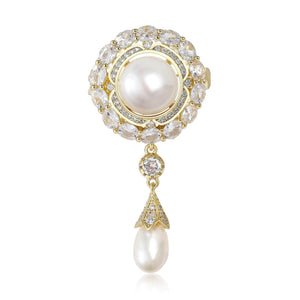 Copper Pearl Flower Brooch Pin With Zircon Inlay For Garment Accessories