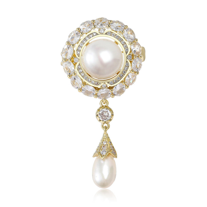 Copper Pearl Flower Brooch Pin With Zircon Inlay For Garment Accessories