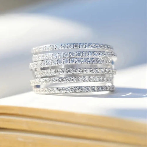 Qixi Couple Multi Layer Line Ring For Women, Light Luxury Micro Paved Zircon Fashion Jewelry