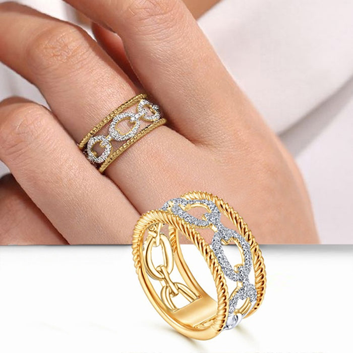 Elegant Two Tone Hollow Geometric Ring For Women With Interlocking Buckle Design Light Luxury Jewelry