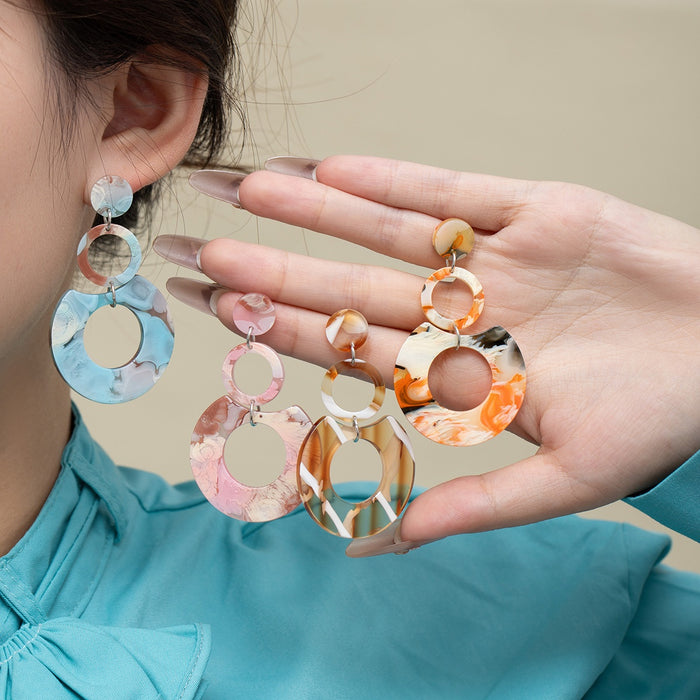 Candy Color Marbled Acrylic Geometric Linked Circle Hoop Dangle Statement Earrings