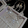 Rhinestone Hollow Flower Tassel Alloy Necklace Earrings Jewelry Set Light Luxury Fashion view 4