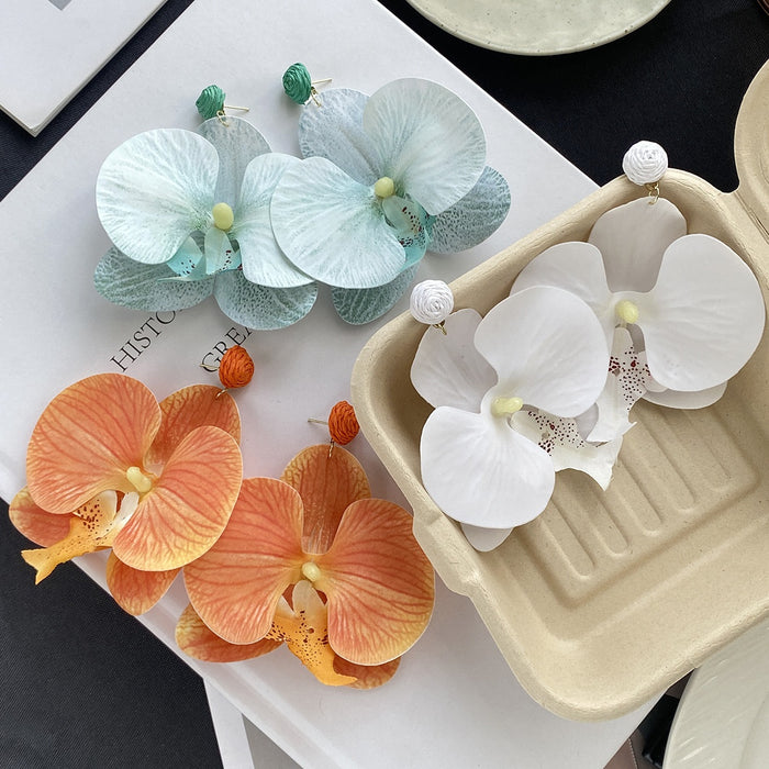 Elegant Summer Orchid Flower Acrylic Petal Alloy Stud Earrings For Beach Forest Sweet Statement Earrings