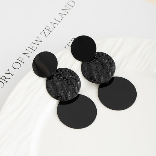 Elegant Black Geometric Round Drop Studs With Irregular Textured Acrylic Alloy Statement Earrings