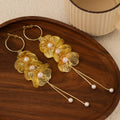 Elegant Gold Alloy Flower Petal Tassel Pearl Rhinestone Hoop Drop Earrings view 2
