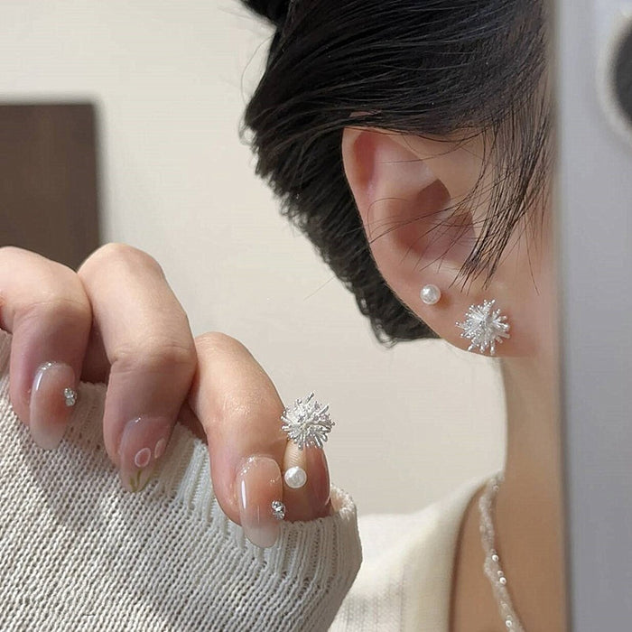 Minimalist Dandelion Firework Faux Pearl Stud Earrings With Silver Needle Floral Light Luxury Design
