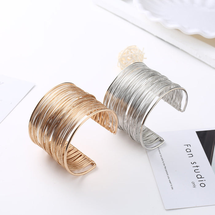 Gold and Silver Woven Wire Wide Open Cuff Bracelets