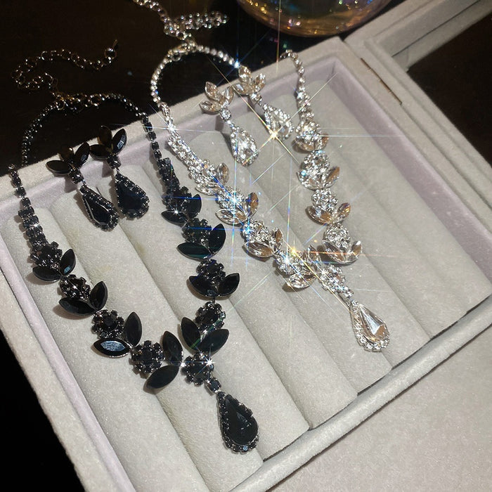Light Luxury Copper Wheat Ear Rhinestone Teardrop Necklace Earrings Jewelry Set