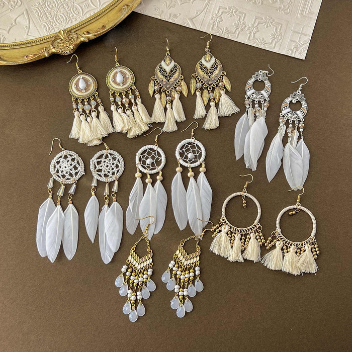 Bohemian Feather Crystal Tassel Earrings, Geometric Ethnic Style Ear Hook Jewelry