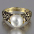 Gold Tone Pearl Center Vintage Filigree Band Ring Sizes view 2