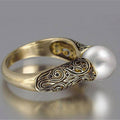 Gold Tone Pearl Center Vintage Filigree Band Ring Sizes view 3