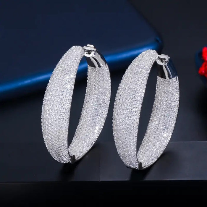 Micro Paved Metal Hoop Earrings For Women, Shiny Oversized Statement Light Luxury Jewelry