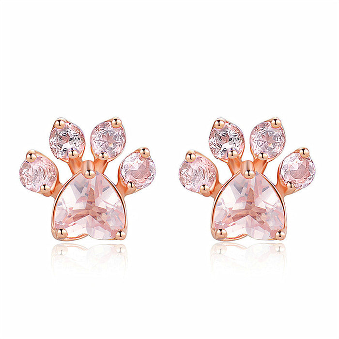 Rose Gold Tone Pink Zircon Cat Paw Print Stud Earrings