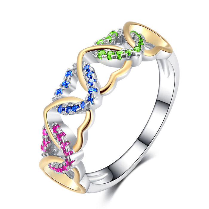 Two-Tone Open Heart Ring with Color Stone Accents with Clear Stone Details