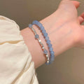 Fresh Aquamarine And Black Stone Round Beaded Bangle With Crushed Silver Geometric Accent view 2