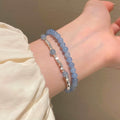 Fresh Aquamarine And Black Stone Round Beaded Bangle With Crushed Silver Geometric Accent view 4