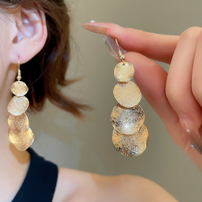 Light Luxury Irregular Metal Matte Sequin Tassel Drop Earrings With Geometric Round Design