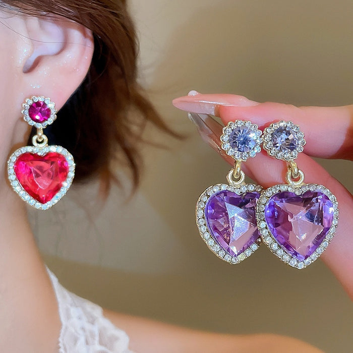 Alloy Rhinestone Heart Pendant Drop Earrings European Palace Style Light Luxury Jewelry