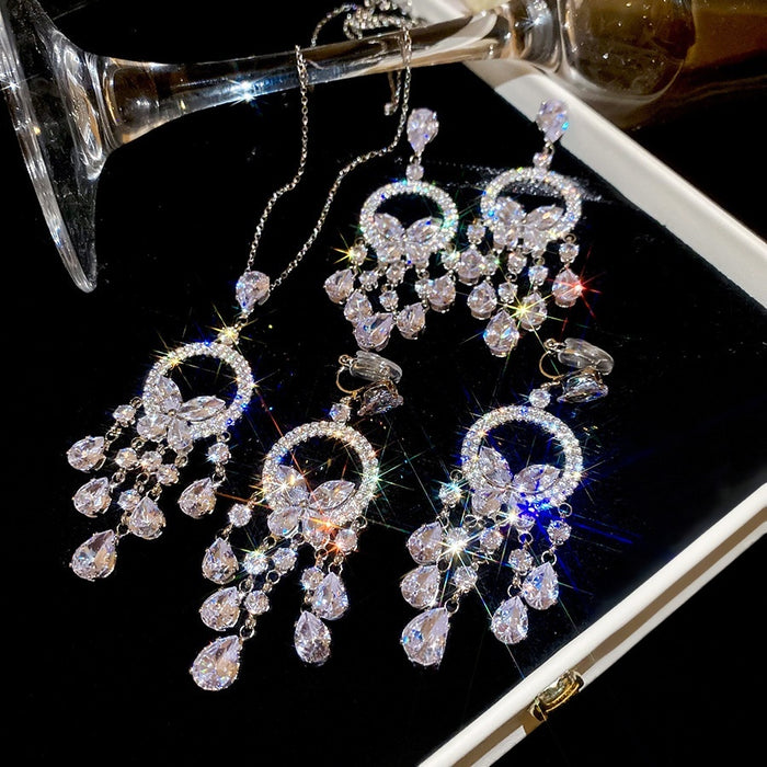 Light Luxury Copper Zircon Butterfly Teardrop Tassel Earrings Necklace Jewelry Set