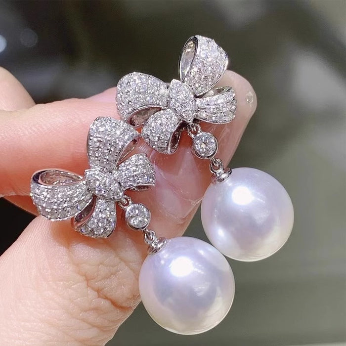 Elegant Princess Drop Earrings With Faux Pearl Bow Pendant Delicate Fashion Jewelry For Women