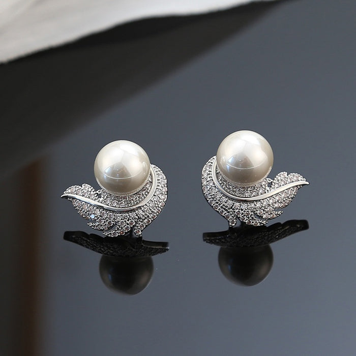 Direct Feather Stud Earrings For Women With Faux Pearl And Micro Pave Zircon Round Jewelry