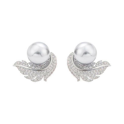 Direct Feather Stud Earrings For Women With Faux Pearl And Micro Pave Zircon Round Jewelry