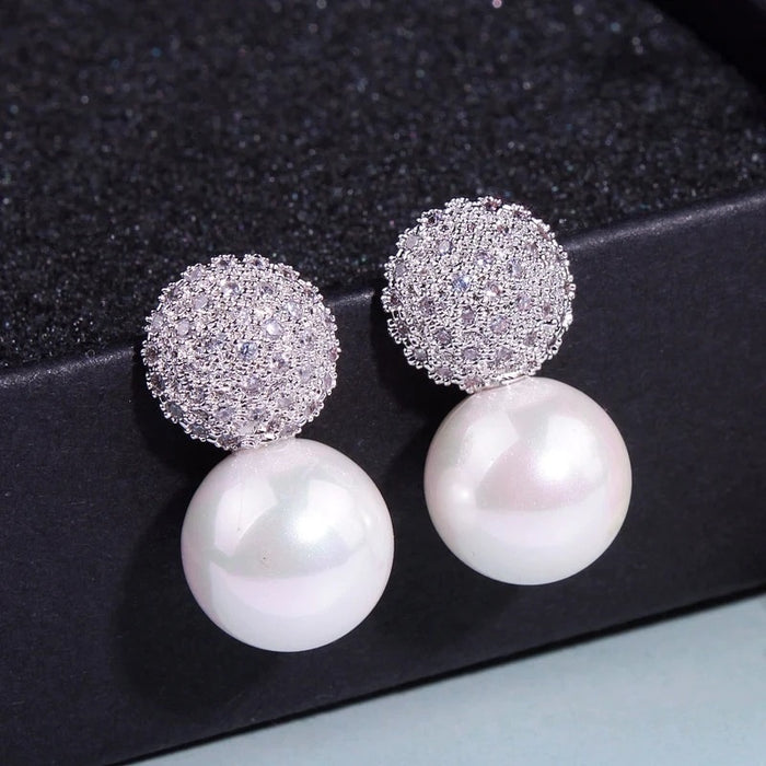 Round Geometric Faux Pearl Princess Stud Earrings For Women With Full Zircon Dress Accessory