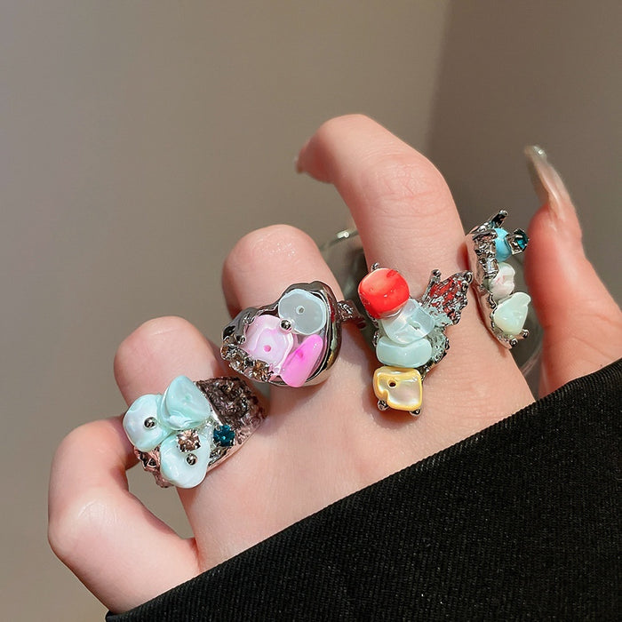 Light Luxury Irregular Shell Rhinestone Flower Open Ring for Women