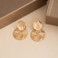 French Elegant Round Hammered Alloy Metal Stud Drop Earrings, Vintage Luxury Statement Disc Earrings view 4