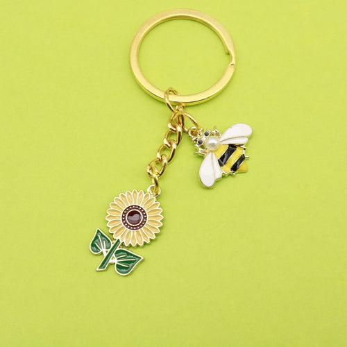 Zinc Alloy Sunflower Bee Drip Oil Keychain Bag Charm Gift
