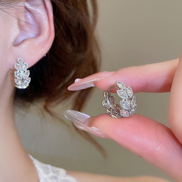 Copper Zircon Wheat Ear Round Huggie Earrings, Light Luxury Minimalist Women's Ear Jewelry