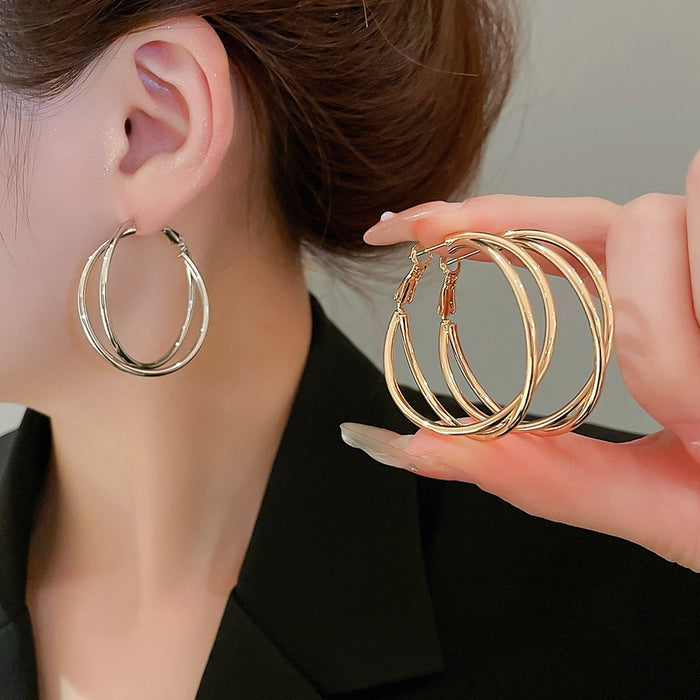 Copper Smooth Double Layer Crossed Circle Hoop Earrings For Women, Geometric Minimalist Style