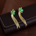 Elegant Green Enamel Flower Studs With Rhinestone Center And Long Gold Chain Tassel Drop Earrings view 2