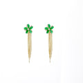 Elegant Green Enamel Flower Studs With Rhinestone Center And Long Gold Chain Tassel Drop Earrings view 5