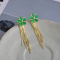 Elegant Green Enamel Flower Studs With Rhinestone Center And Long Gold Chain Tassel Drop Earrings view 3