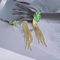 Elegant Green Enamel Flower Studs With Rhinestone Center And Long Gold Chain Tassel Drop Earrings view 4