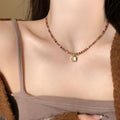 Vintage Palace Style Cat Eye Stone Crystal Beaded Square Pendant Necklace For Women view 1