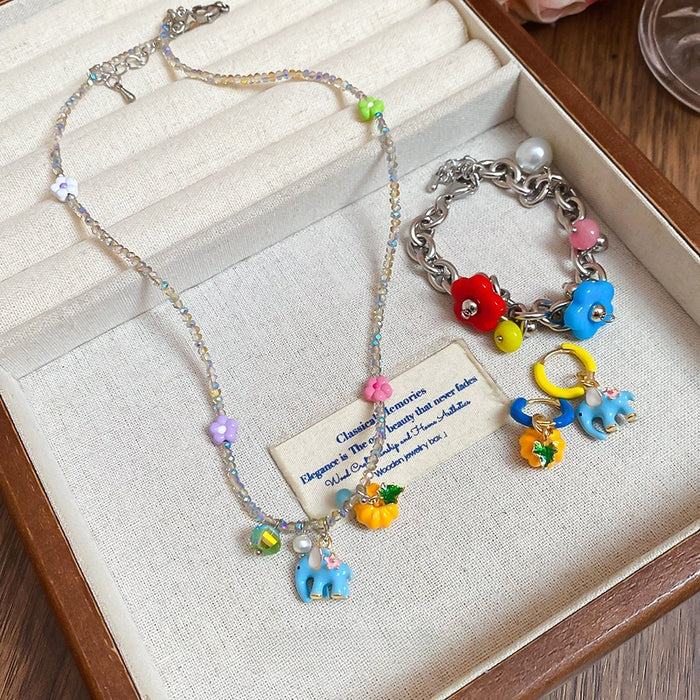Stainless Steel Flower Pearl Necklace And Bracelet Jewelry Set With Enamel Elephant Pumpkin Charm