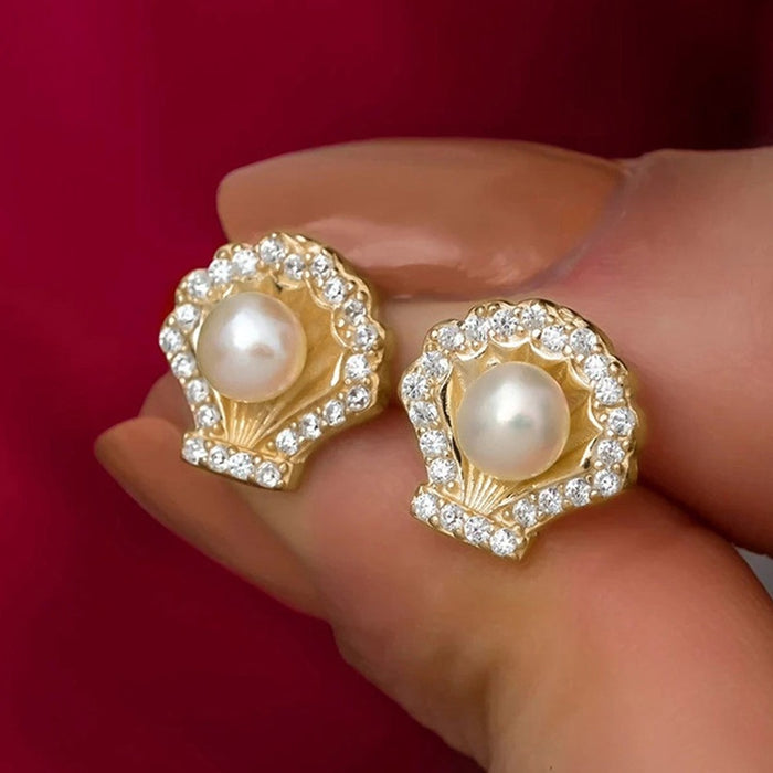 Shell Bead Faux Pearl Stud Earrings For Women, Elegant Daily Wear Fashion Jewelry