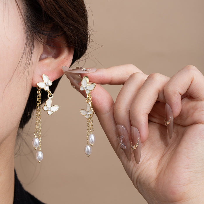 Elegant French Alloy Butterfly Enamel Pearl Tassel Drop Studs For Women Spring Summer Fashion Earrings